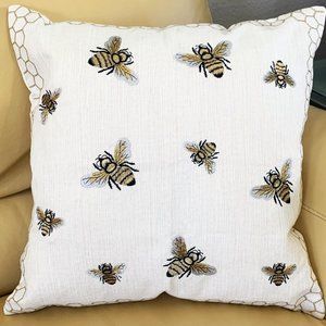 18"x18" Gold Silver Black Embroidered Bee Bees Bumblebees Throw Pillow Cover New